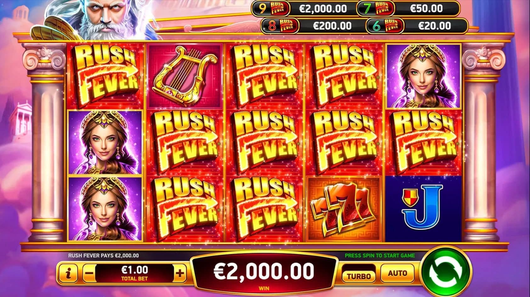Zeus Rush Fever Deluxe: Main Deluxe game field showing Rush Fever symbols and a jackpot outcome example.