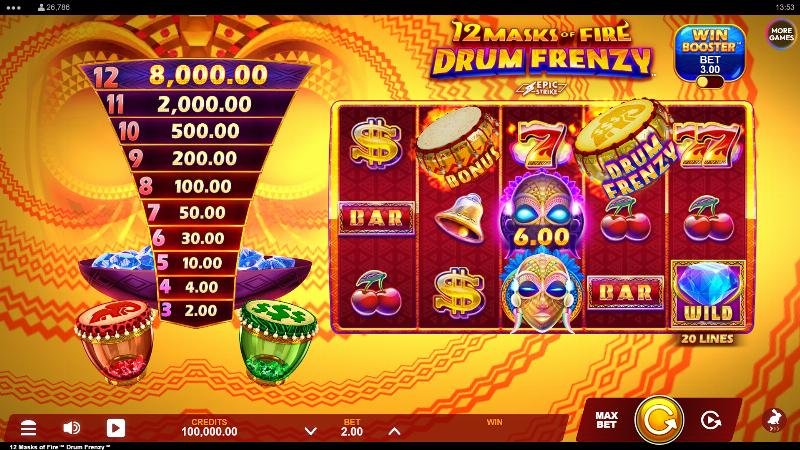 12 Masks Of Fire Drum Frenzy slot game artwork