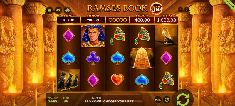 Ramses Book Flaming Link slot game artwork