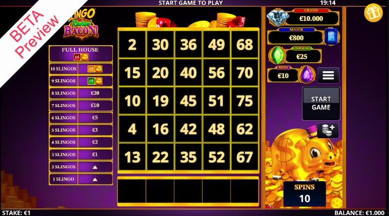 Slingo Rakin’ Bacon slot game artwork